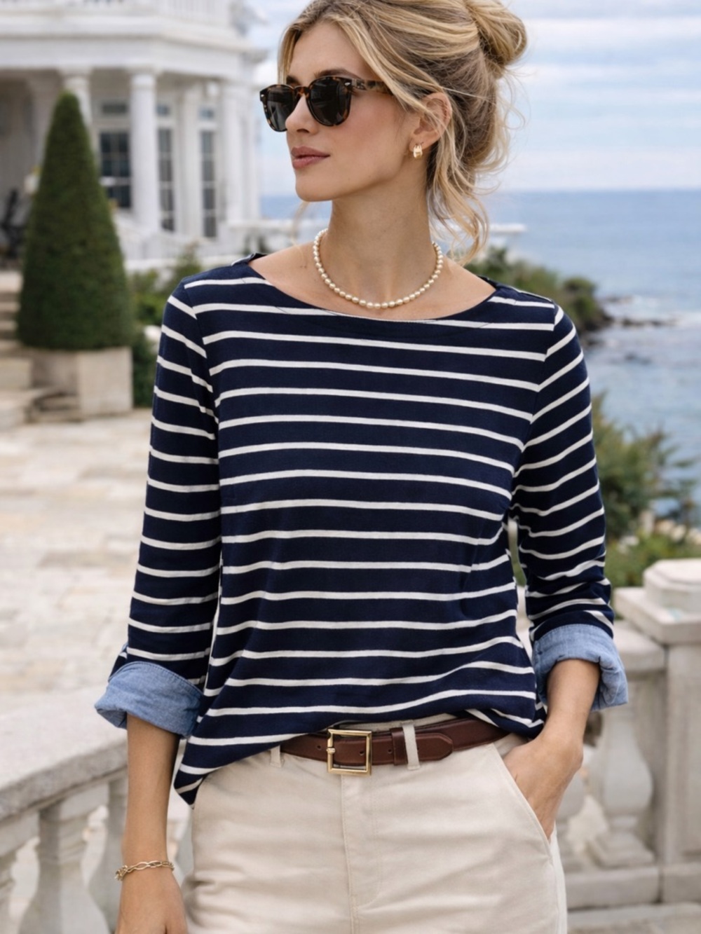 Nautica Navy & White Striped Boatneck Shirt
